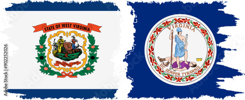 Virginia and West Virginia states grunge brush flags connection, vector