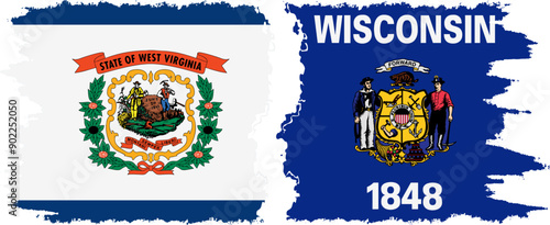 Wisconsin and West Virginia states grunge brush flags connection, vector