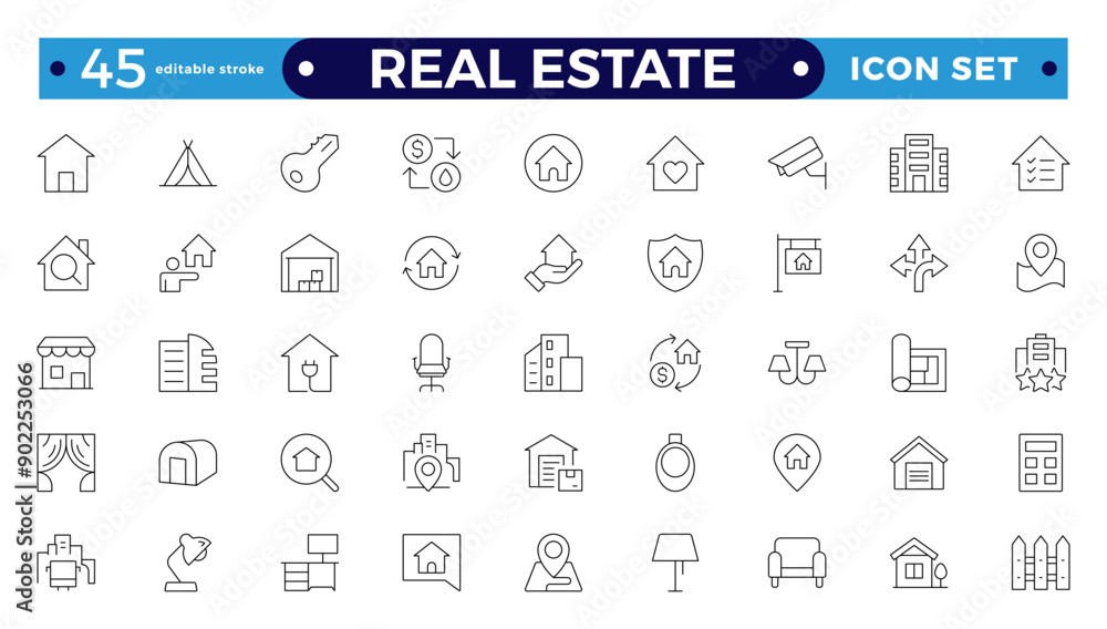 Real Estate minimal thin line web icon set. Included the icons as realty, property, mortgage, home loan, and more. Outline icons collection. House, key, buy, sell, loan, building, address, bedroom
Real Estate minimal thin line web icon set. Included the icons as realty, property, mortgage, home loan, and more. Outline icons collection. House, key, buy, sell, loan, building, address, bedroom