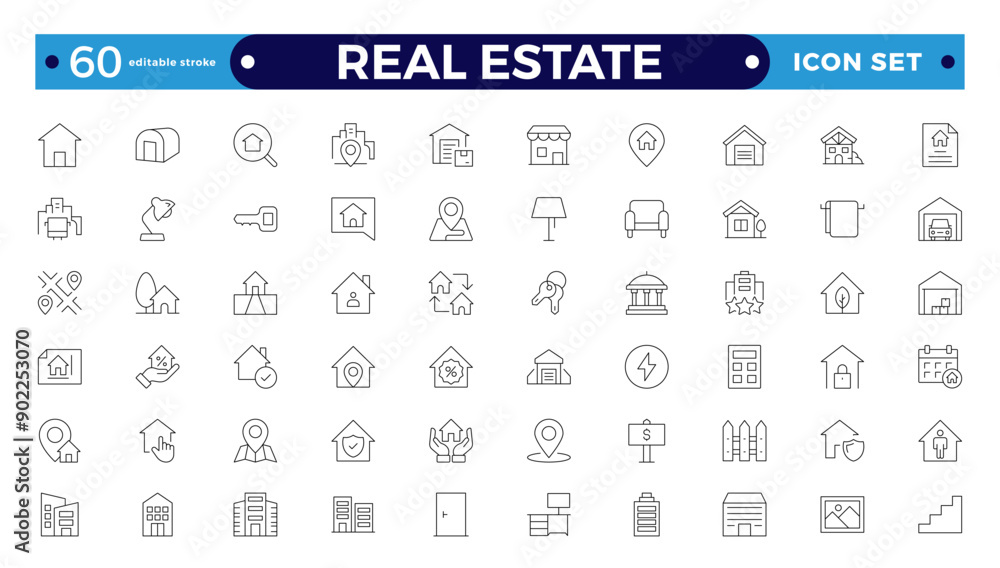 Real Estate minimal thin line web icon set. Included the icons as realty, property, mortgage, home loan and more. Outline icons collection. House, key, buy, sell, loan, building, address, bedroom
Real Estate minimal thin line web icon set. Included the icons as realty, property, mortgage, home loan and more. Outline icons collection. House, key, buy, sell, loan, building, address, bedroom