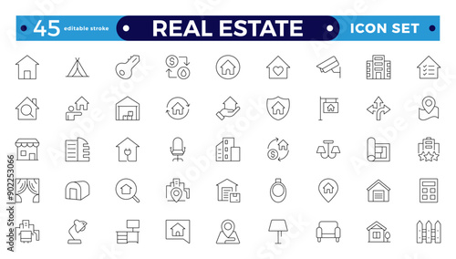 Real Estate minimal thin line web icon set. Included the icons as realty, property, mortgage, home loan, and more. Outline icons collection. House, key, buy, sell, loan,  building, address, bedroom
