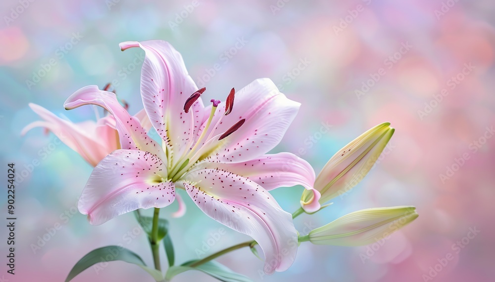 Macro shot of a delicate pink lily flower with soft focus pastel background bright lighting capturing intricate details Macro shot of a delicate pink lily flower with soft focus pastel background bright lighting capturing intricate details