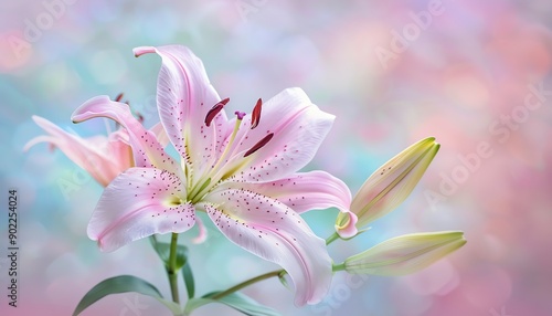 Macro shot of a delicate pink lily flower with soft focus pastel background bright lighting capturing intricate details