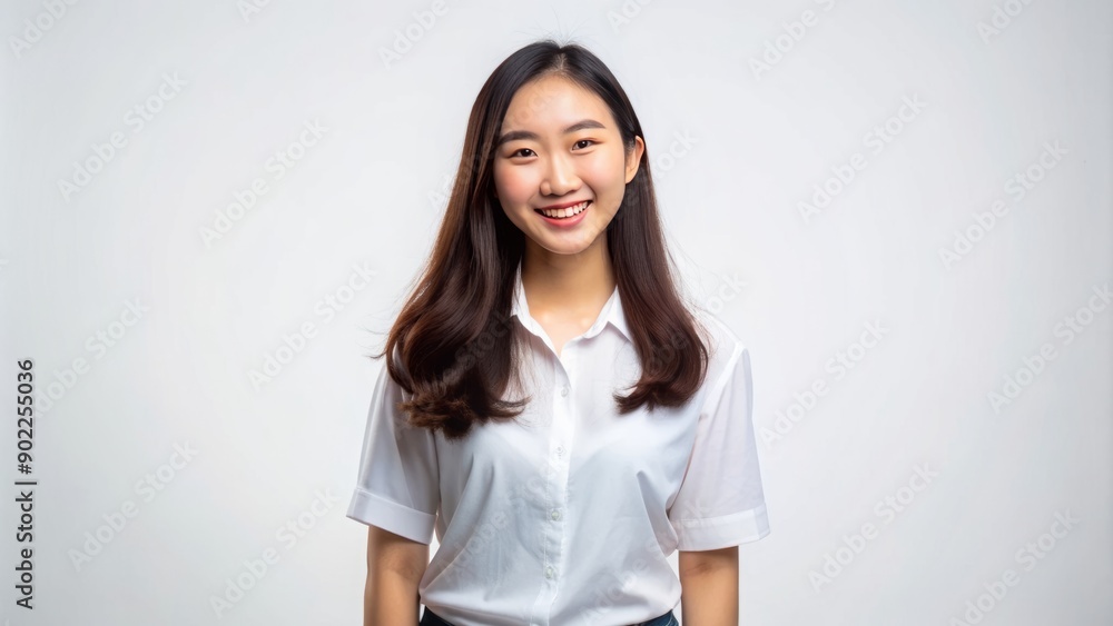 Happy Asian female student stands upright, beaming with joy, in a crisp white outfit, against a transparent background, exuding confidence and positivity. Happy Asian female student stands upright, beaming with joy, in a crisp white outfit, against a transparent background, exuding confidence and positivity.