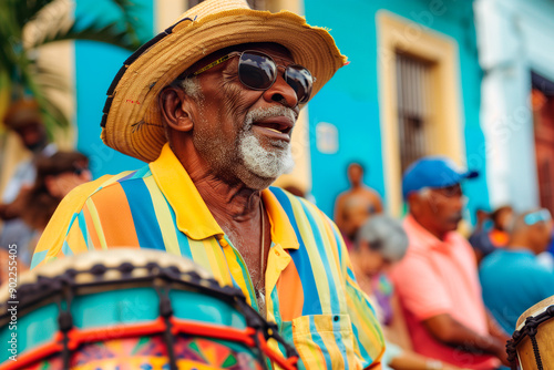 Cuban musician playing the timbales in the streets on the International Music Day