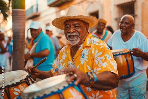 Latin musician playing percussion at the carnival on International Music Day