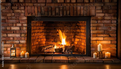 Cozy fireplace with crackling fire, brick background, warm lighting, inviting and comforting