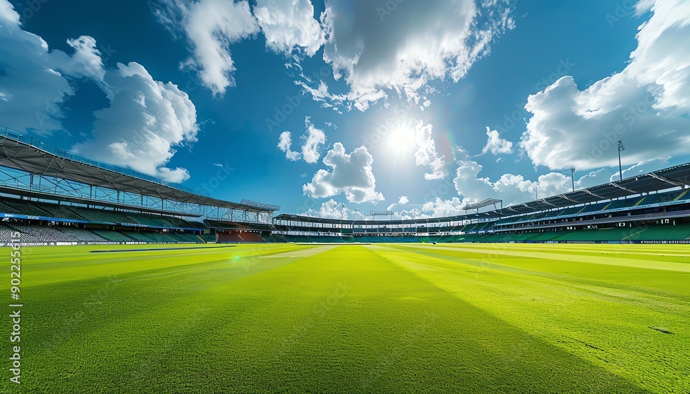 Empty cricket stadium, bright green field, blue sky with clouds, wideangle, vibrant and expansive Empty cricket stadium, bright green field, blue sky with clouds, wideangle, vibrant and expansive