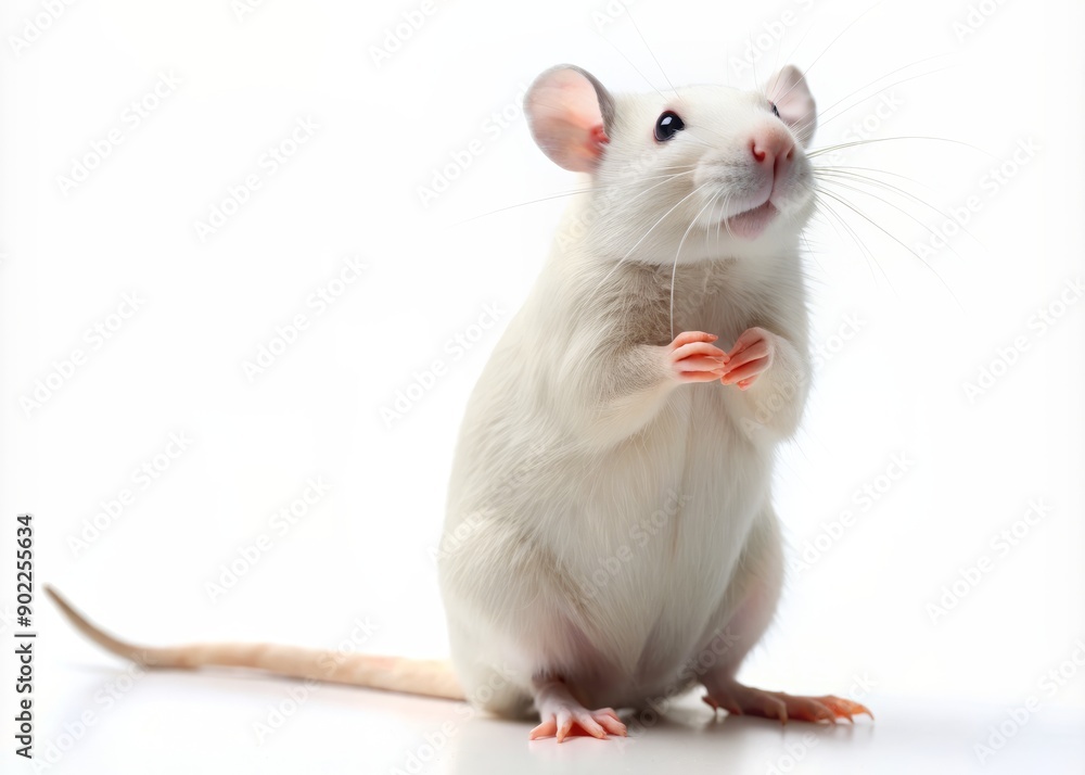 A curious white laboratory rat stands upright on hind legs, sniffing the air, its twitching whiskers and bright eyes focal points on a pure white background. A curious white laboratory rat stands upright on hind legs, sniffing the air, its twitching whiskers and bright eyes focal points on a pure white background.