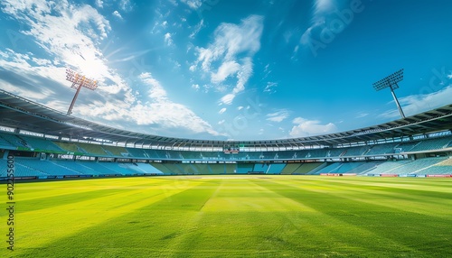 Empty cricket stadium, bright green field, blue sky with clouds, wideangle, vibrant and expansive