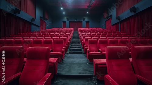 Empty movie theater with rows of red seats, symmetrical perspective, dim ambient lighting, nostalgic and quiet