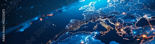 Europe map glowing with connected lines, blue background, top view, futuristic and digital