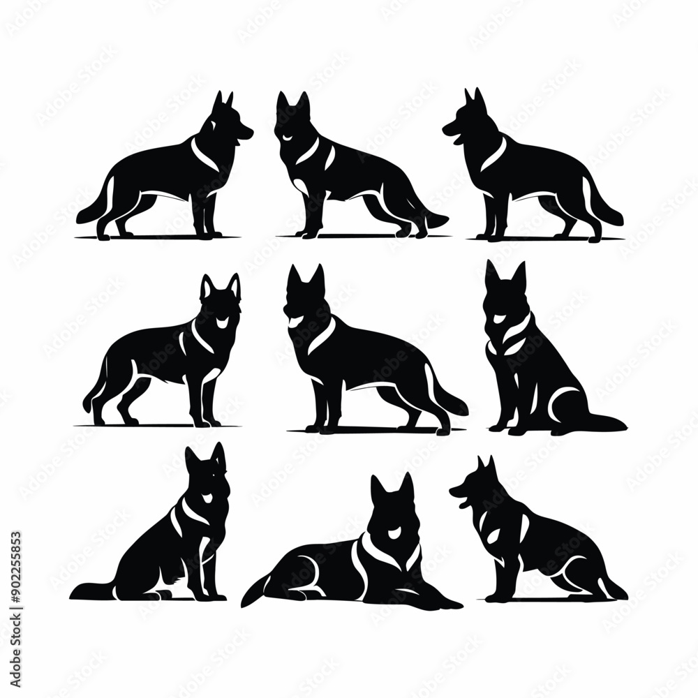 German shepherd dog silhouette set animals vector template German shepherd dog silhouette set animals vector template