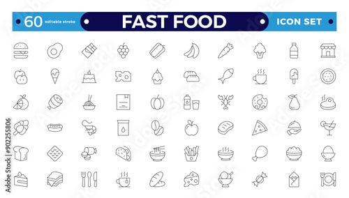 fast food outline icons. Fast food vector icon line set. Burger sandwich pizza hot dog cola coffee sweets. Editable stroke outline icon.

