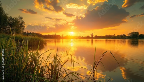 Golden sunset over serene lake, reflections, tall grasses, wideangle, peaceful and picturesque