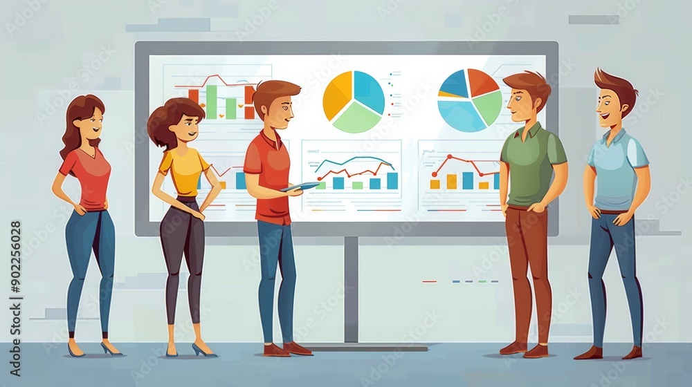 Business team analyzing charts and graphs on a large screen, discussing strategic plans. Cartoon illustrations vectors Business team analyzing charts and graphs on a large screen, discussing strategic plans. Cartoon illustrations vectors