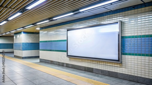 Fototapeta Naklejka Na Ścianę i Meble -  Modern digital billboard stands out against a clean tiled subway station backdrop, awaiting branding, its sleek display ready to showcase vibrant advertising content.