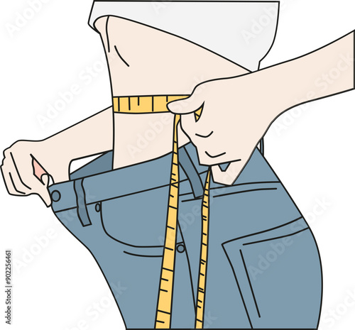 Fitness Woman Measuring Results with Yellow Tape
