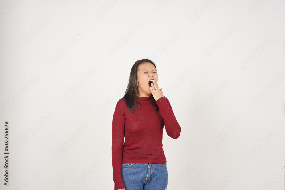 Young Asian woman covering mouth and Yawning wearing red t-shirt isolated on white background Young Asian woman covering mouth and Yawning wearing red t-shirt isolated on white background