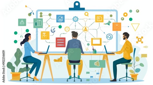 Strategists using a flowchart on a whiteboard to map out business processes and goals. Cartoon illustrations vectors