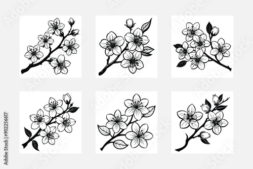 Stunning Sakura Blossom Branch Silhouette Artwork on White Canvas
