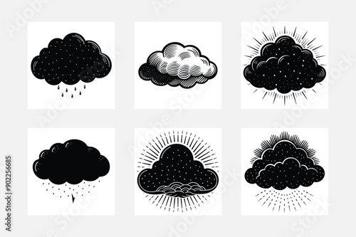 Distinct Cloud Silhouette Art Collection on White Background
