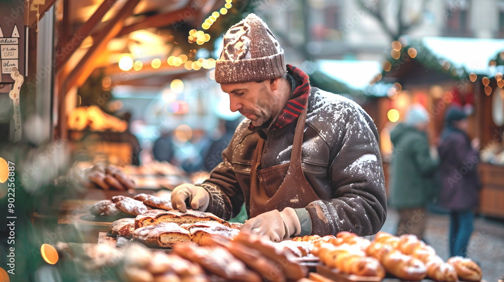 A baker selling freshly baked stollen at a Christmas market. A baker selling freshly baked stollen at a Christmas market.