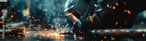 Welding tools and helmet with sparks, dramatic lighting, closeup, industrial and intense