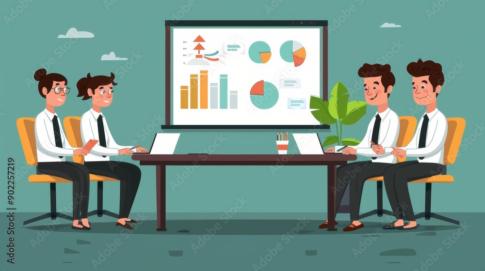 Business leader presenting a strategy to team members, using a projector and visual aids. Cartoon illustrations vectors Business leader presenting a strategy to team members, using a projector and visual aids. Cartoon illustrations vectors