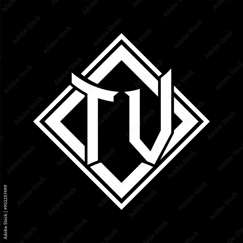 TV Letter logo abstract shield shape with square white outline on black background template TV Letter logo abstract shield shape with square white outline on black background template