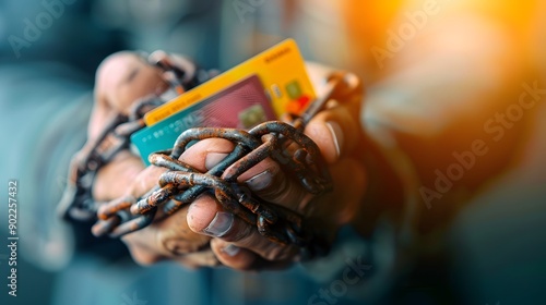 Financial Enslavement: Hands Bound by Chains of Credit Cards Symbolizing Debt Bondage