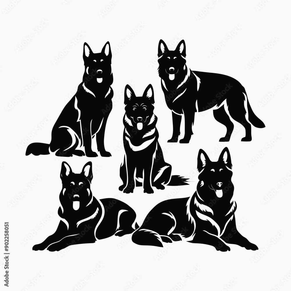Obraz premium German shepherd dog silhouette set animals vector template