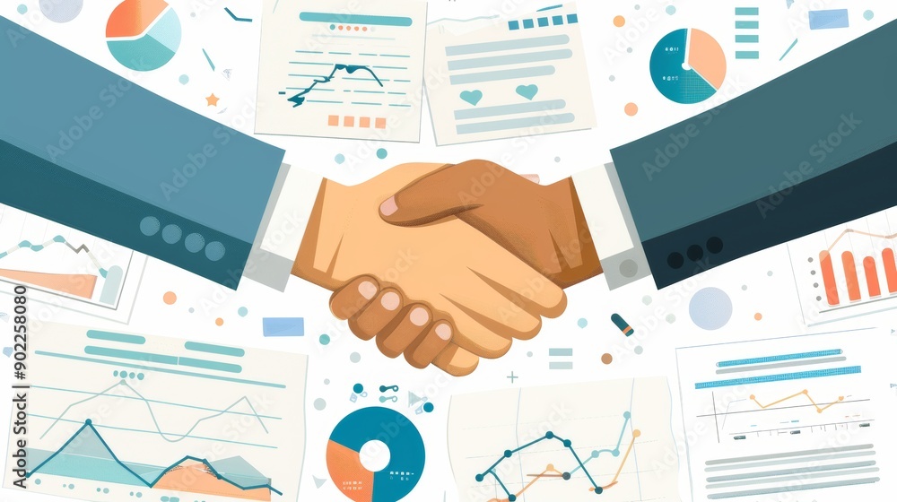 Executives shaking hands after agreeing on a strategic partnership, with documents and charts in the background. Cartoon illustrations vectors Executives shaking hands after agreeing on a strategic partnership, with documents and charts in the background. Cartoon illustrations vectors