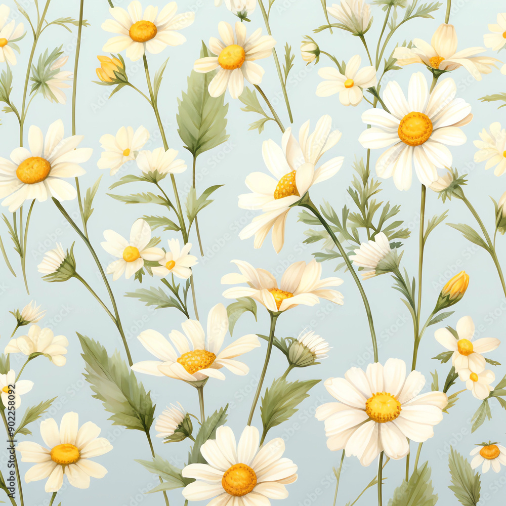 A seamless pattern of daisies, with white petals and yellow centers and green leaves on a light blue background A seamless pattern of daisies, with white petals and yellow centers and green leaves on a light blue background