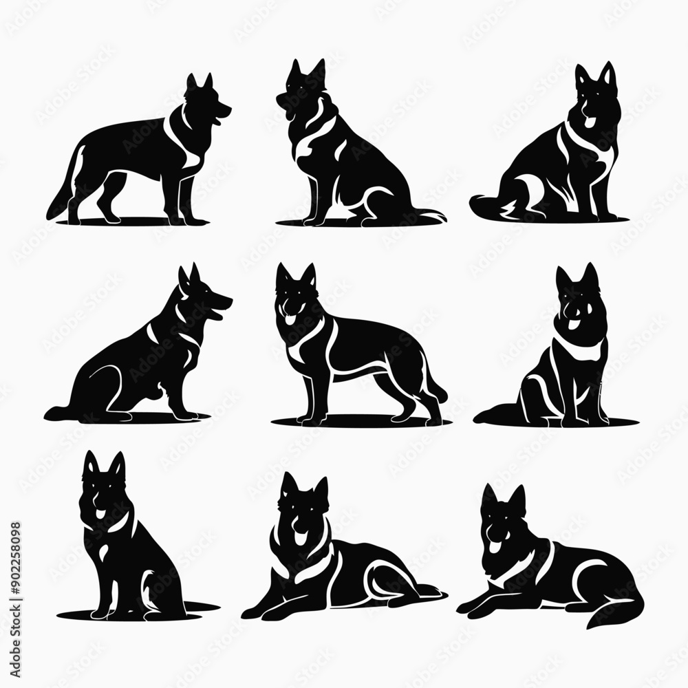 German shepherd dog silhouette set animals vector template German shepherd dog silhouette set animals vector template