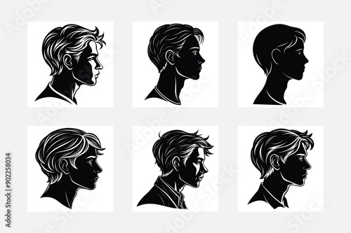 Artistic Silhouettes of Stylish Men Hairstyles on White Background
