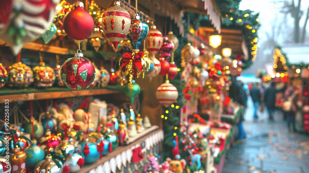 Fototapeta premium A bustling German Christmas market with colorful stalls selling handmade ornaments.