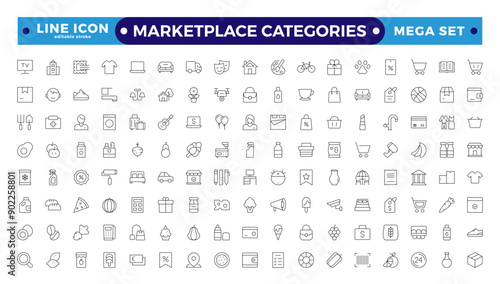 Marketplace Categories outline Icons set. Vector illustration in modern thin-line style of e-commerce-related icons: household goods, electronics and household appliances Editable stroke outline icon.