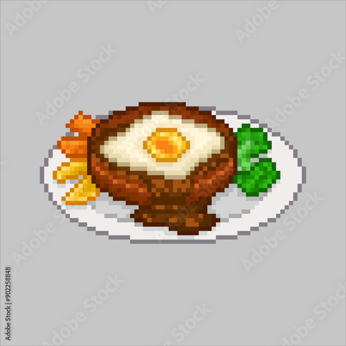 meat with fried egg and vegetables, pixel art food