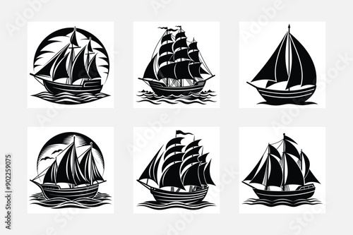 Modern boats and ships silhouette white background artwork set
