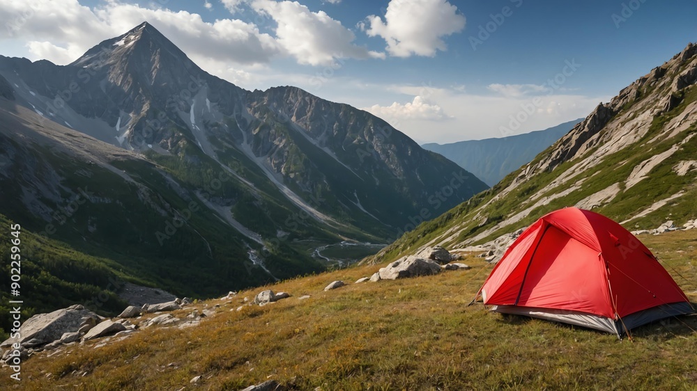 red tent for camping on a high mountain background red tent for camping on a high mountain background