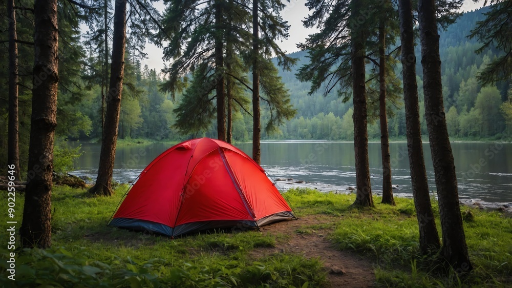 red tent for camping on a river forest background red tent for camping on a river forest background