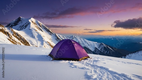 purple tent for camping on a snowy mountain peak backg background