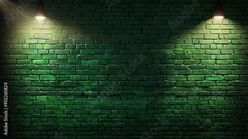 green brick wall with grungy texture and spotlight for background