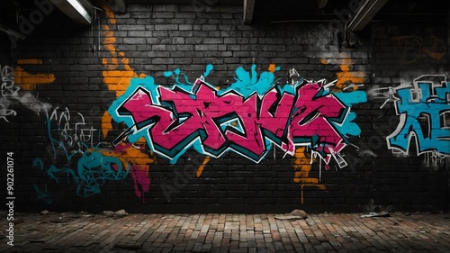 black brick wall with grungy texture and graffiti for background