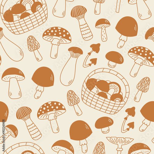 Forest Mushrooms Doodle Seamless Pattern. Hand drawn falling fungus brown endless background with basket cep boletus. Food package. Repeat vector illustration