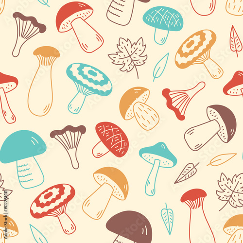 Falling Mushrooms Colorful Doodle Seamless Pattern. Cute hand drawn autumn and fall background in sketch style. Cep boletus leaf repeat vector illustration