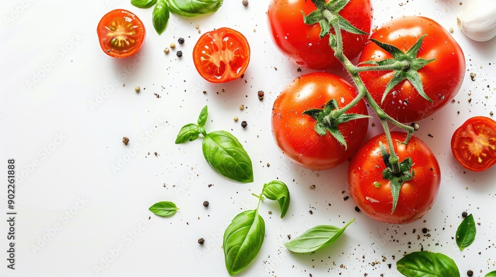 Tomatoes and basil on white background with space for text Tomatoes and basil on white background with space for text