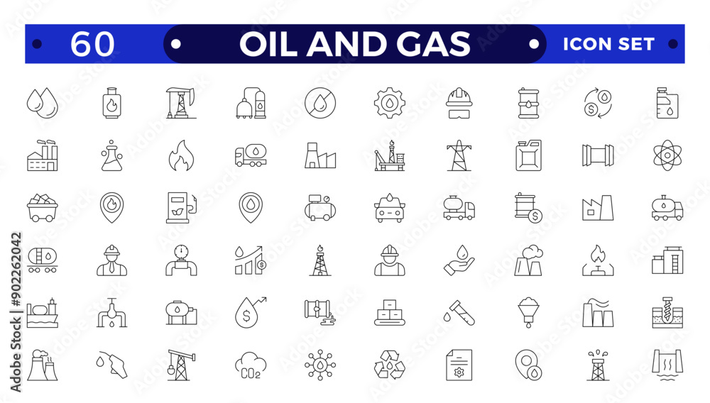 Oil and gas thin line web icon set. Outline icons collection. Oil and Gas icon set. Containing fuel, refinery, petroleum, oil well, gas pump, offshore platform, lubricant, oil barrel and more