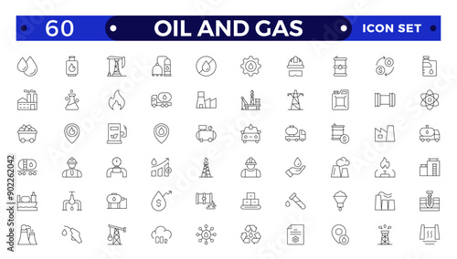 Oil and gas thin line web icon set. Outline icons collection. Oil and Gas icon set. Containing fuel, refinery, petroleum, oil well, gas pump, offshore platform, lubricant, oil barrel and more